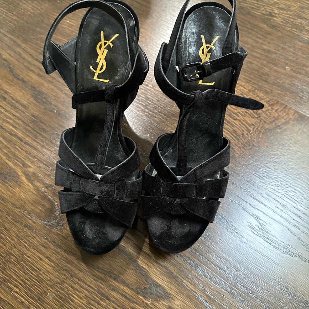 Yves Saint Laurent Black Suede T-Strap Knot Platform Heels